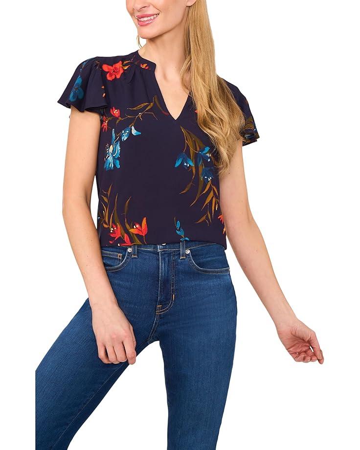 Short Sleeve Button Front Lace Trim Top Product Image