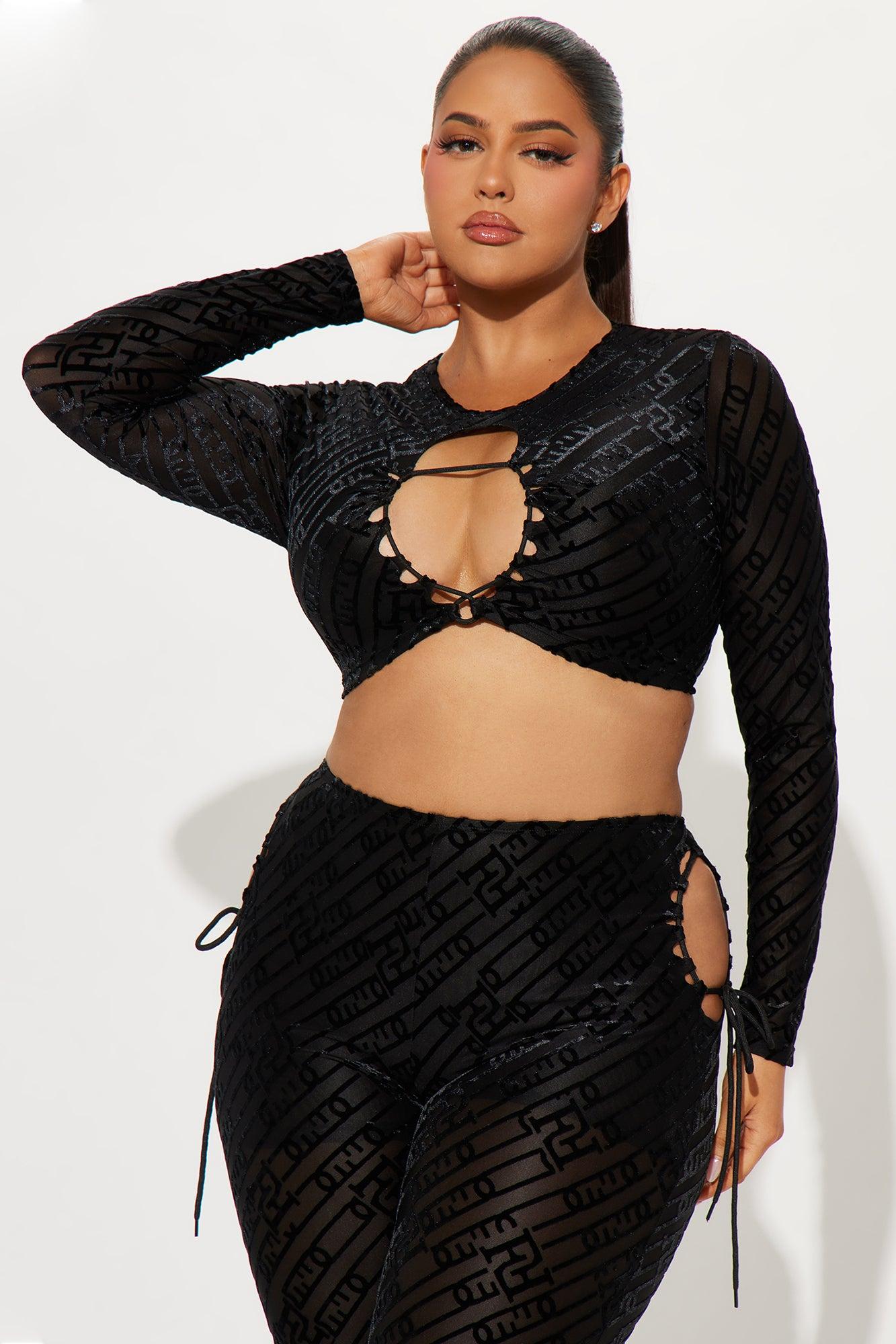 Tina Mesh Flocked Cut Out Pant Set - Black Product Image