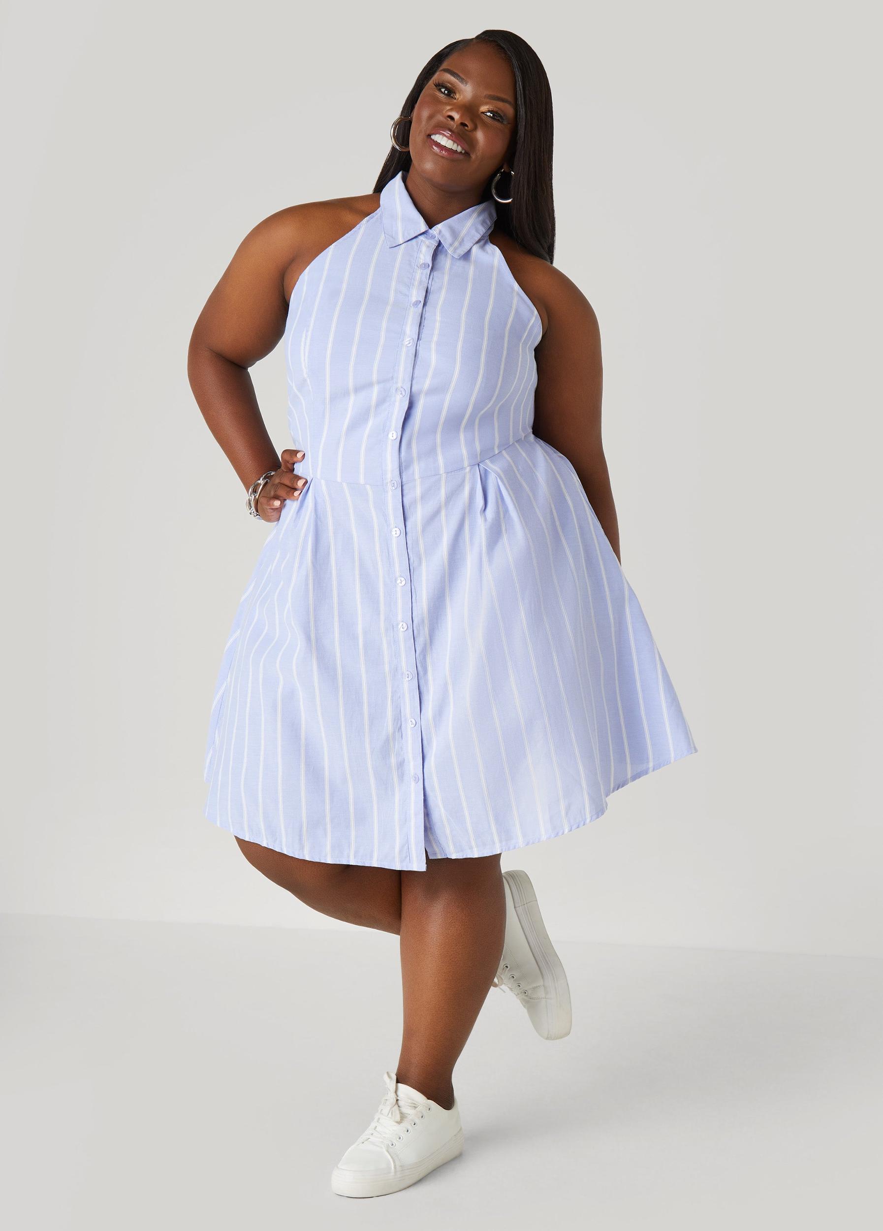 Striped Oxford Halter Dress Product Image
