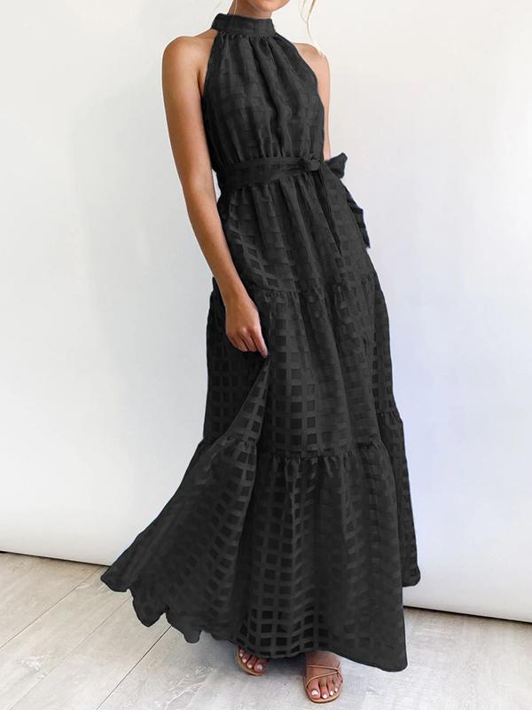 Loose Sleeveless Plaid Ribbed Stand Collar Maxi Dresses Product Image