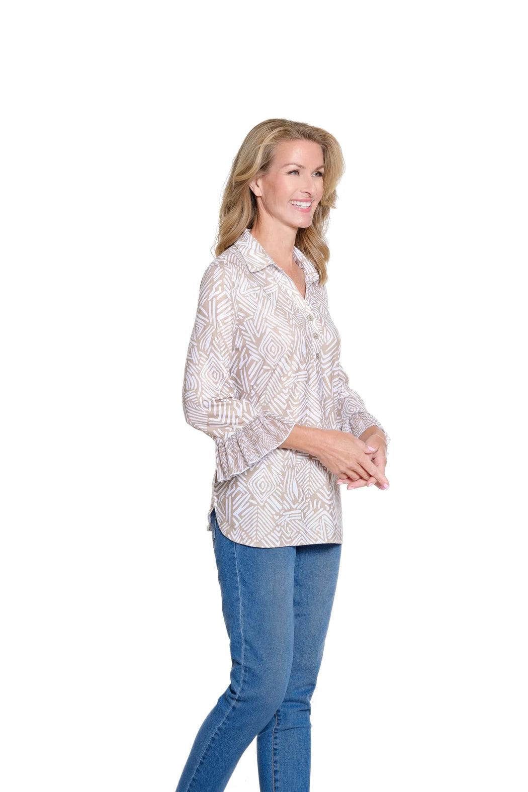 Printed Mixed Media Pleated Flounce Sleeve Top Product Image