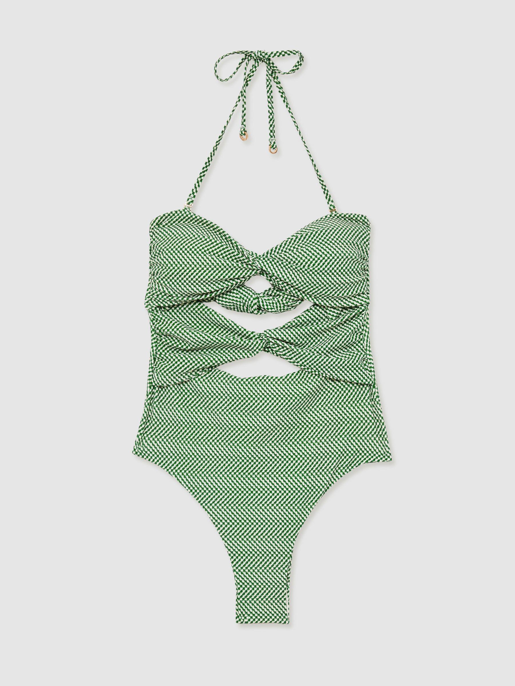 Chequered Print Cut Out Swimsuit in Green/White Product Image