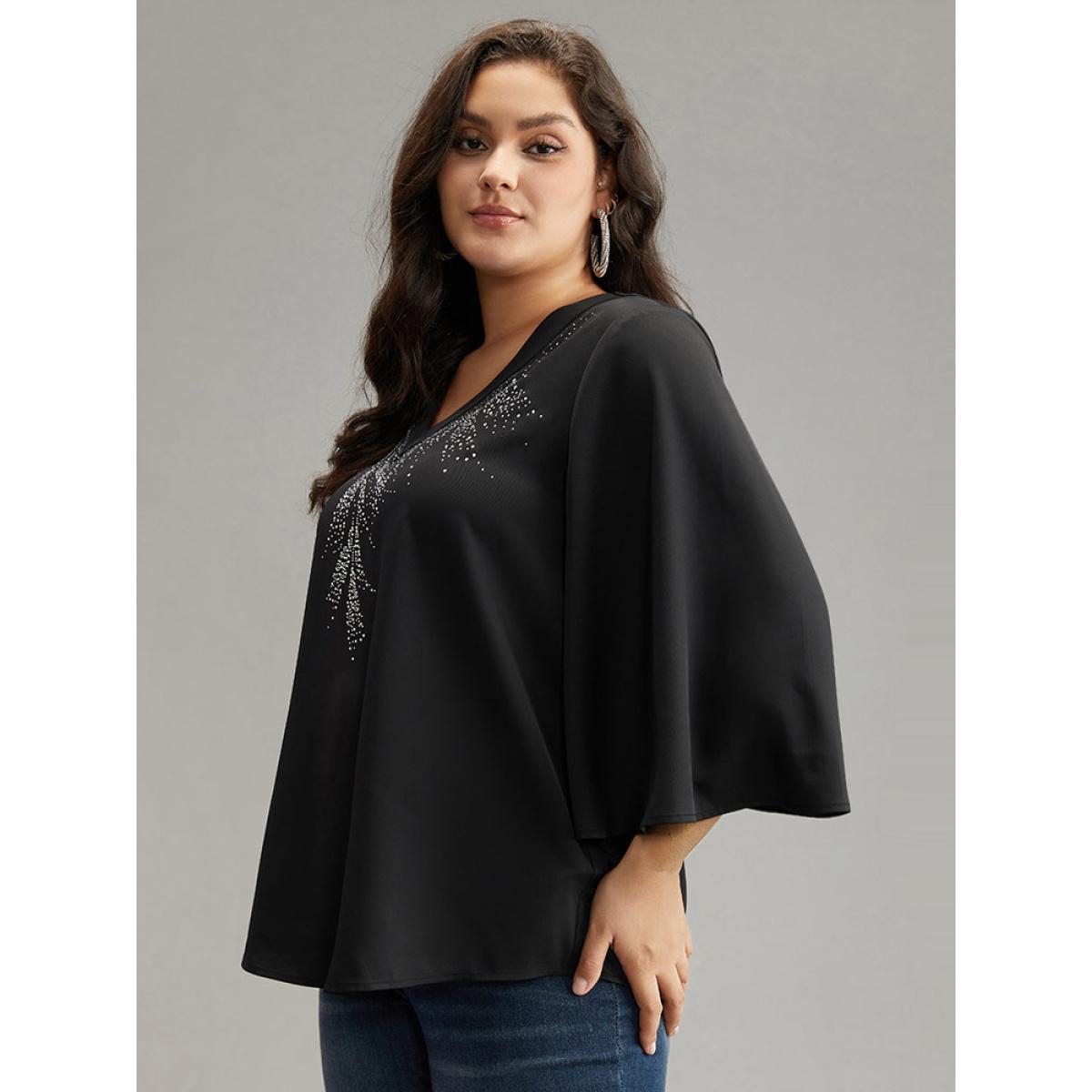 Plus Size Black Twill Rhinestone V Neck Ruffle Sleeve Blouse Women Glamour Elbow-length sleeve V-neck Going out Blouses BloomChic 26/4X Product Image