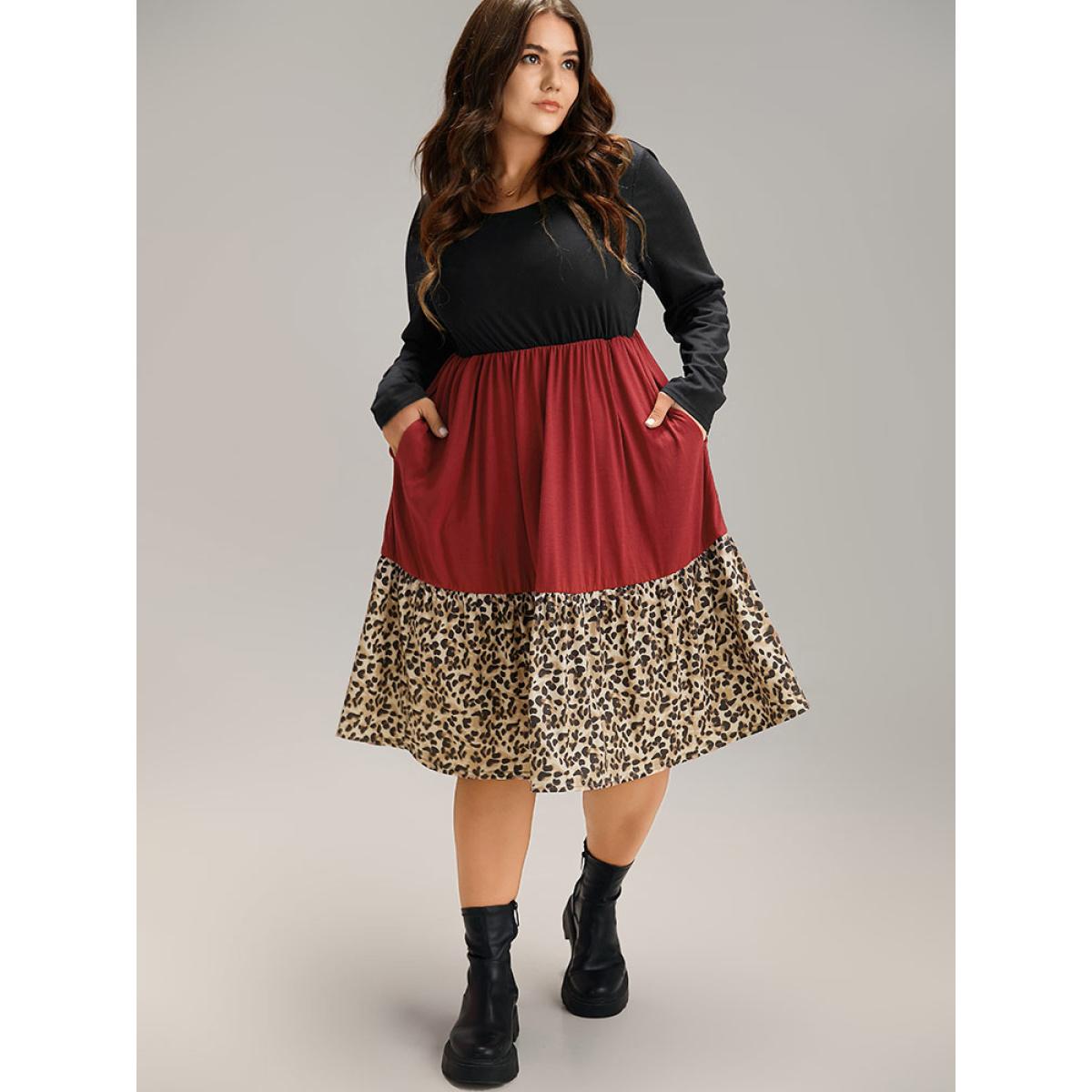 Plus Size Supersoft Essentials Colorblock Contrast Leopard Dress Black Women Casual Patchwork Round Neck Long Sleeve Curvy Midi Dress BloomChic 30/6X Product Image