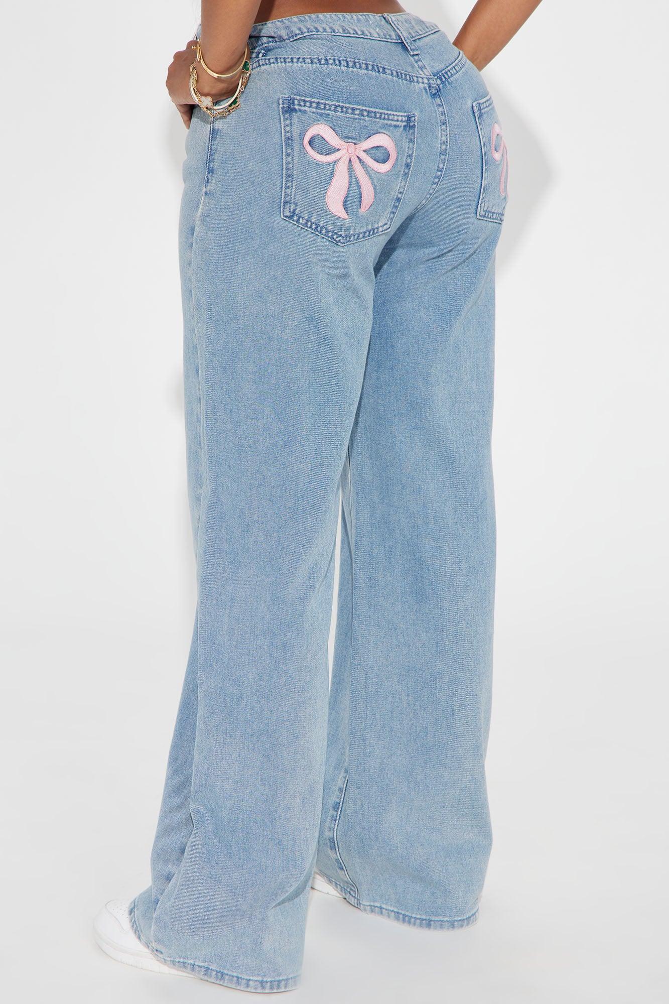Taking A Bow Embroidered Baggy Jeans - Light Wash Product Image