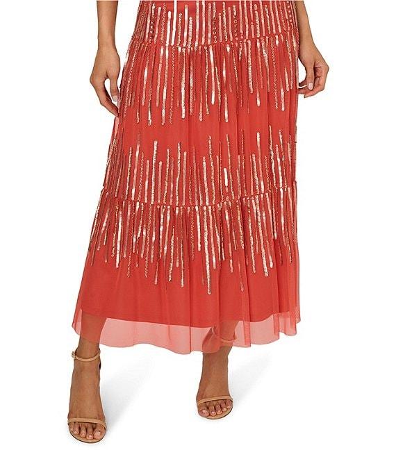Adrianna Papell V-Neck Ruffle Shoulder Beaded Mesh Tiered Tea Length Dress Product Image