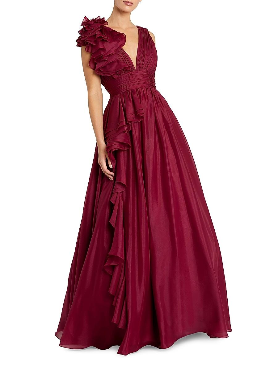 Womens Ruffle Shoulder V-Neck Gown Product Image