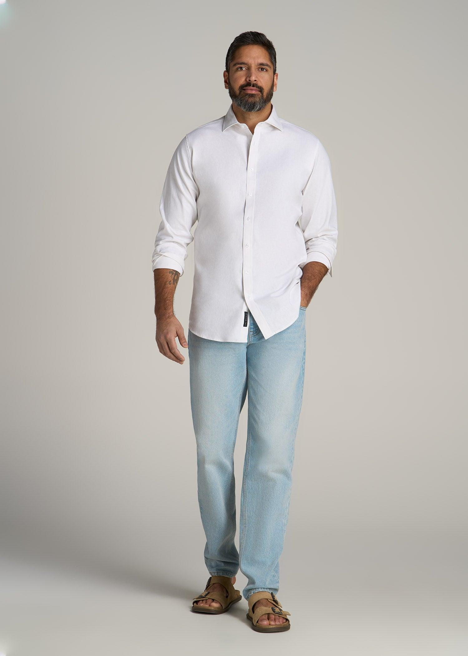 Stretch Linen Dress Shirt for Tall Men in White Male Product Image