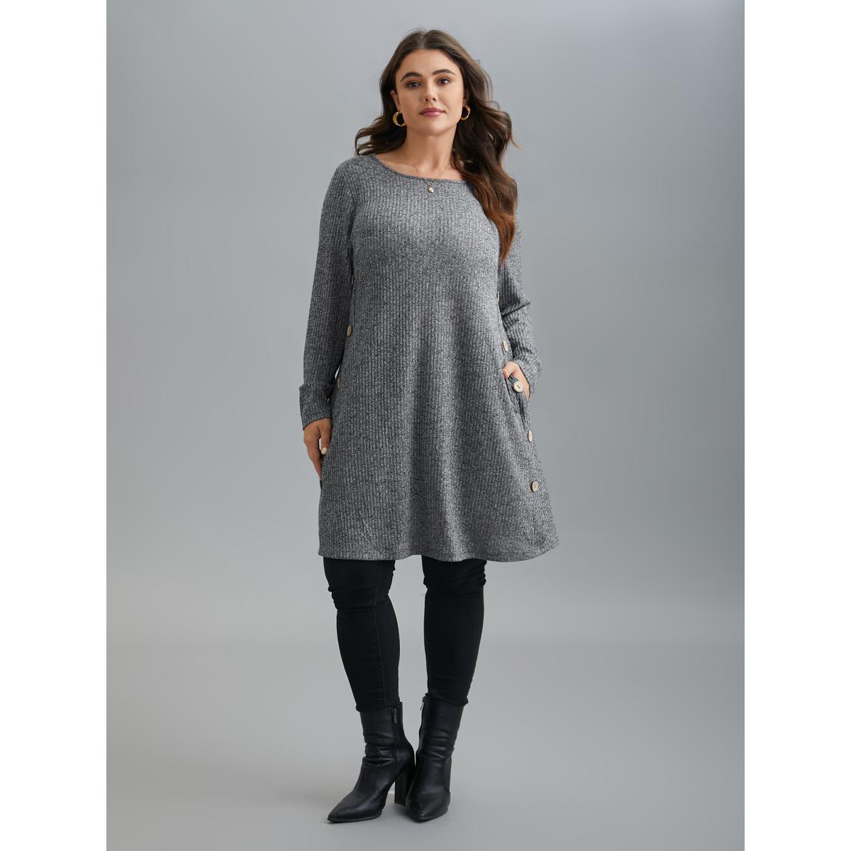 Plus Size Crew Neck HeatherRibbed Knit Dress DimGray Women Leisure Button Knit Dresses Bloomchic 28/5X Product Image