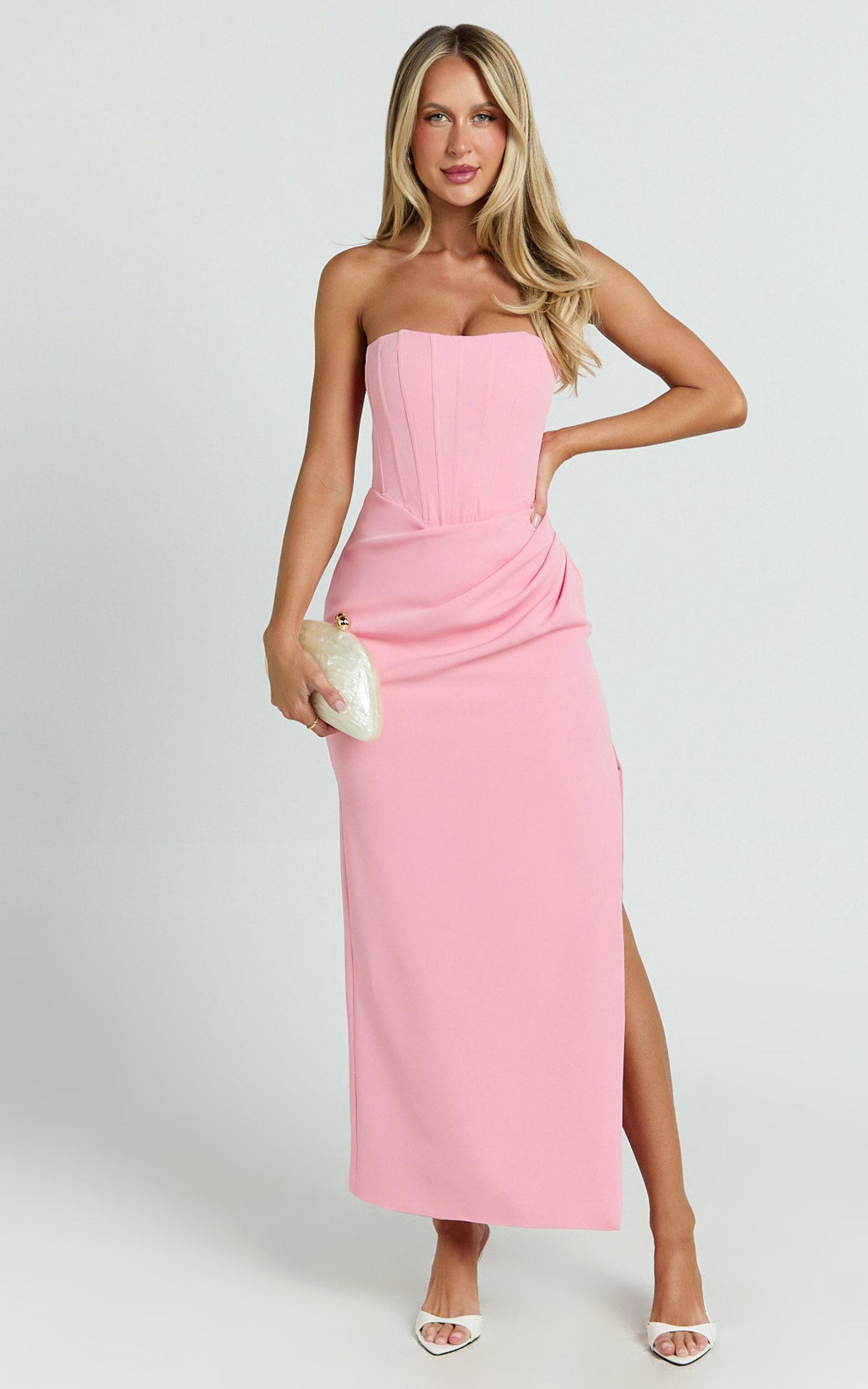 Avery Midi Dress - Strapless Draped Side Split Dress in Pink Product Image