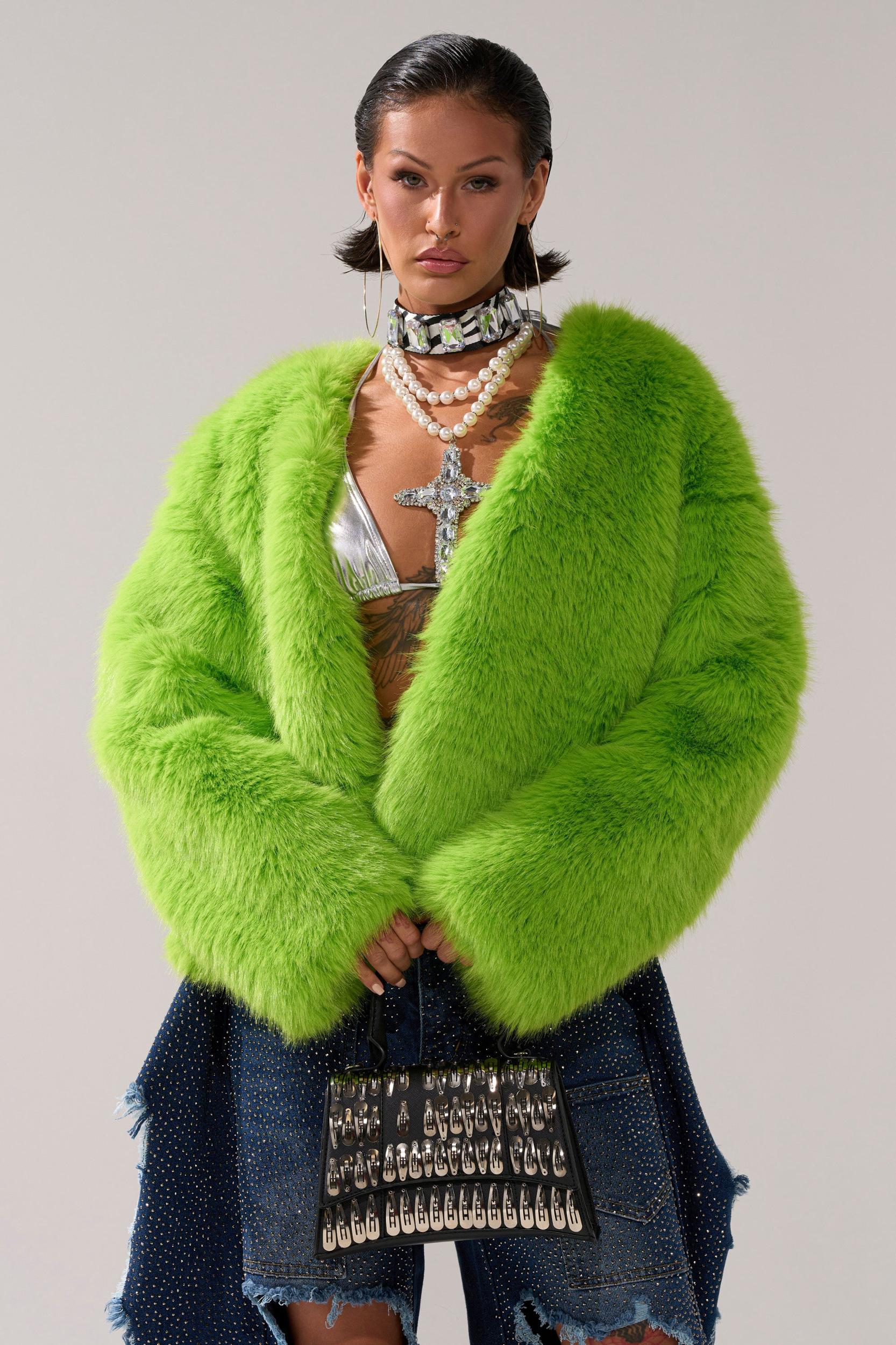 SLIME TIME FAUX FUR COAT IN LIME Product Image