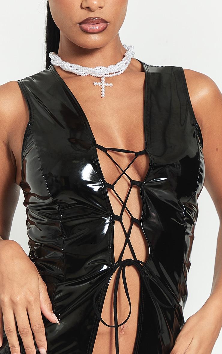 Black Vinyl Plunge Lace Up Sleeveless Long Top Product Image