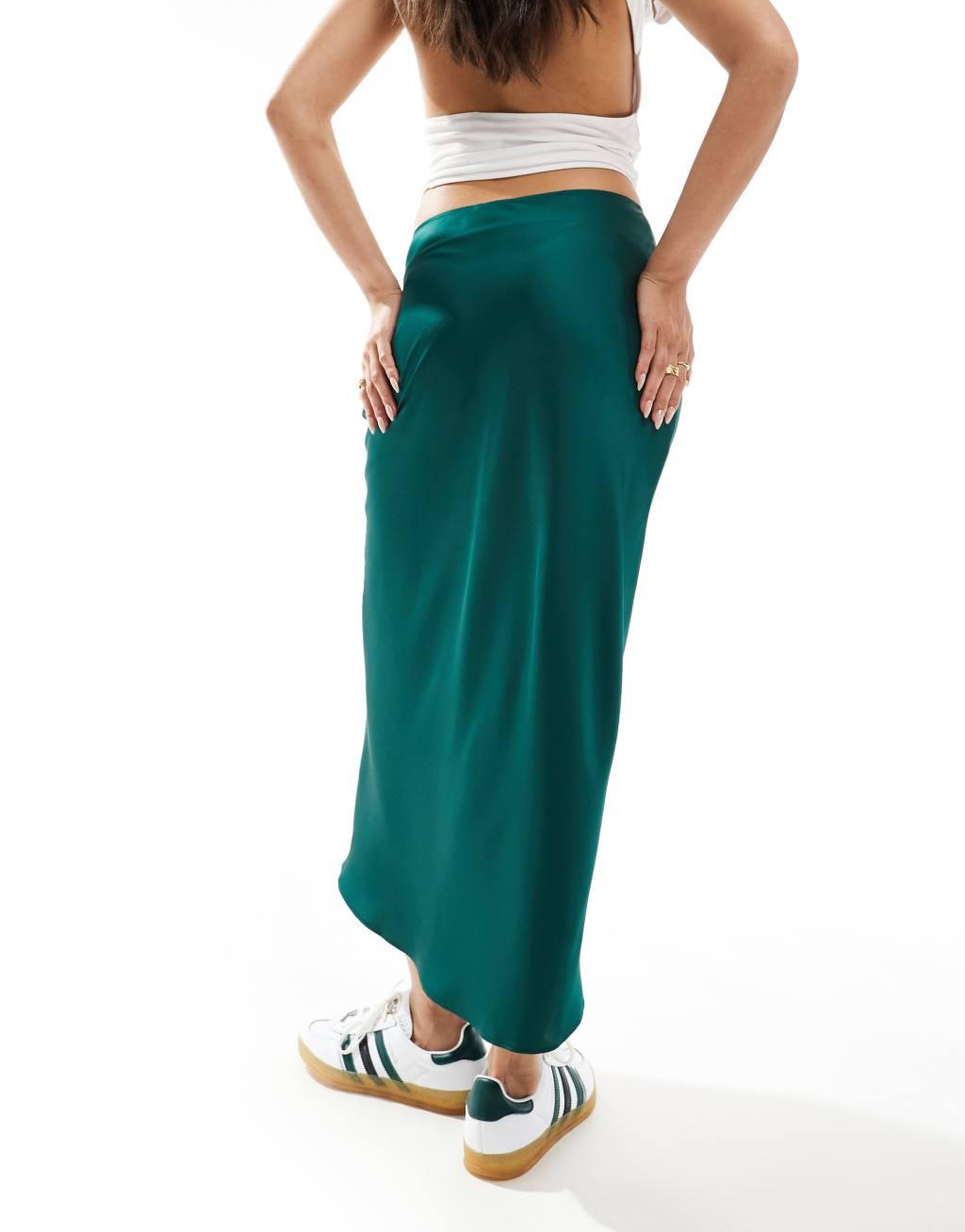 ASOS DESIGN satin bias cut midi skirt in green Product Image
