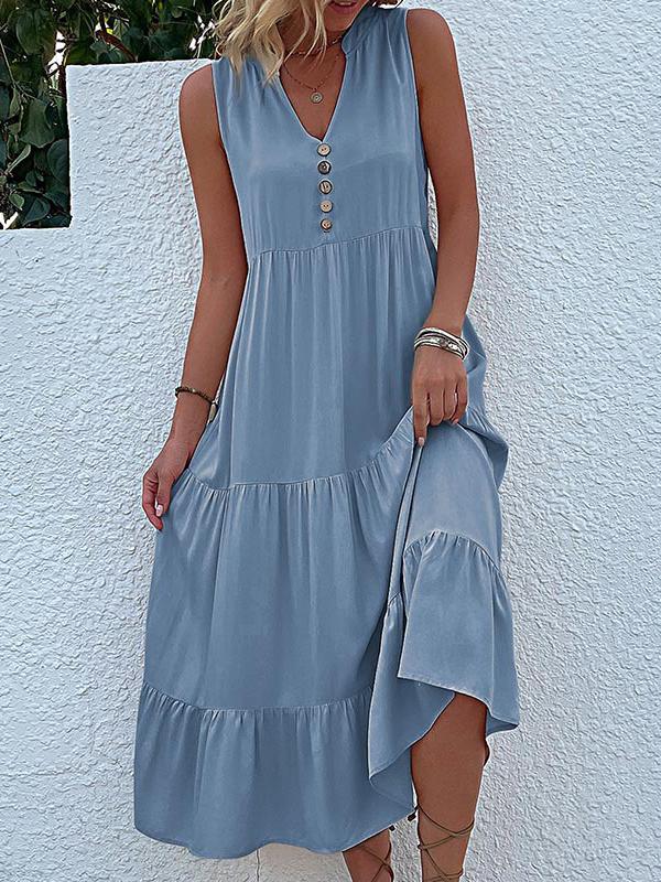 Loose Sleeveless Pleated Split-Joint V-Neck Midi Dresses Product Image