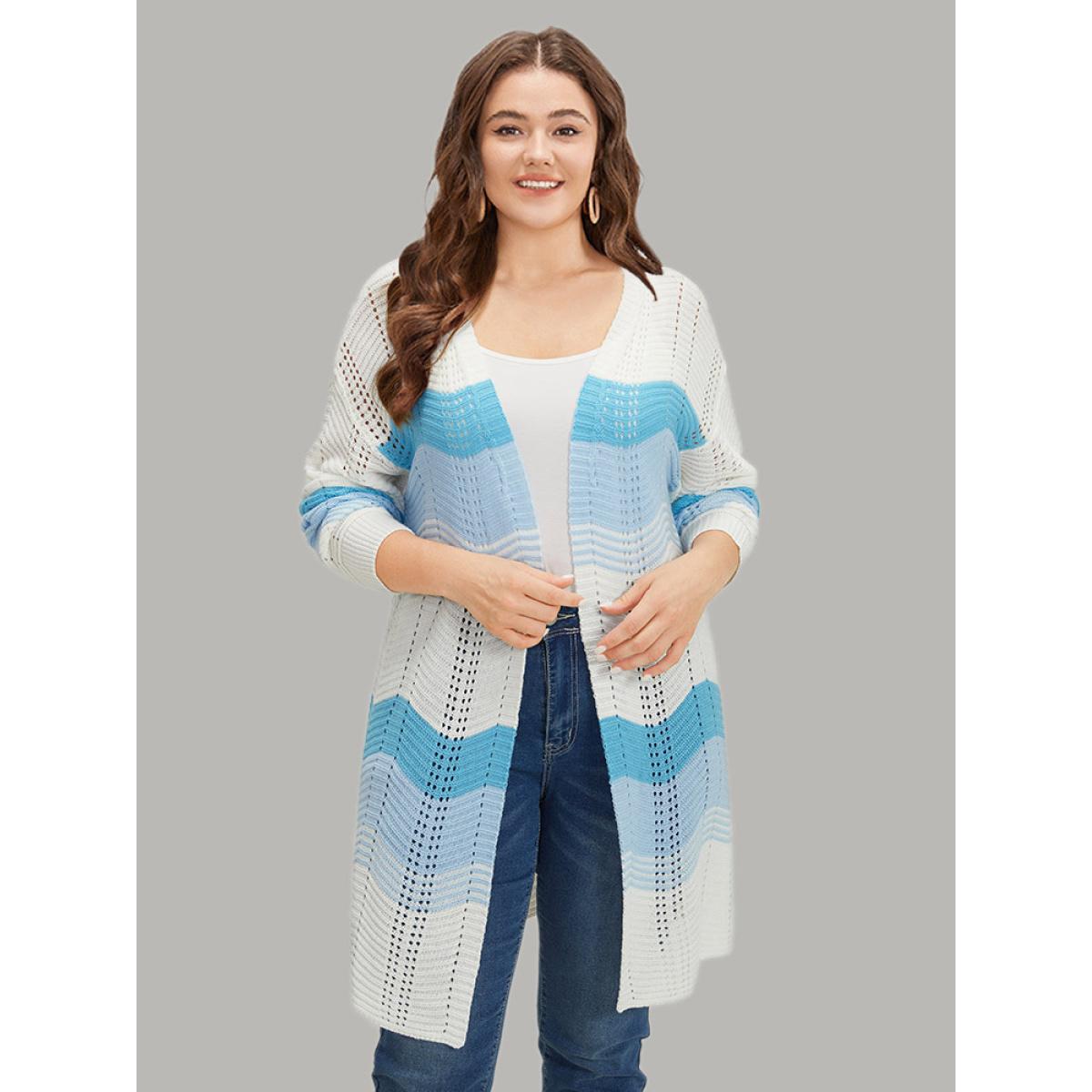 Plus Size Ombre Geo Eyelet Tunic Open Front Elastic Cuffs Cardigan Blue Women Casual Loose Long Sleeve Dailywear Cardigans BloomChic 14-16/1X Product Image