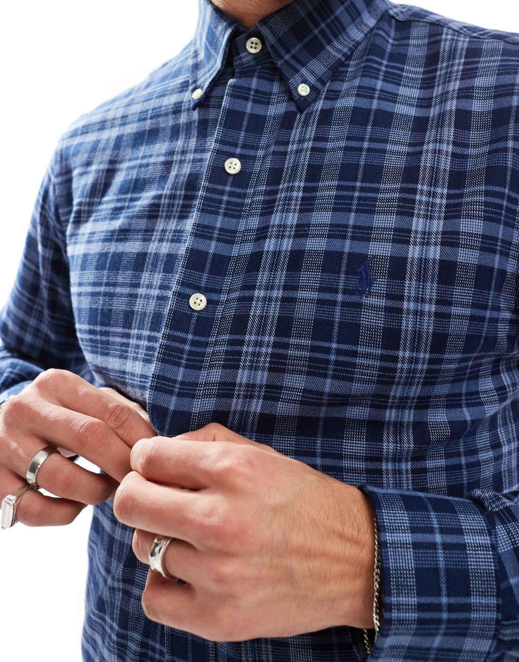 Polo Ralph Lauren icon logo check performance brushed twill shirt in mid blue Product Image