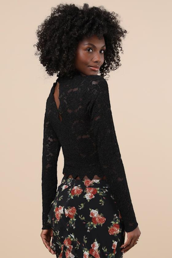 Exquisite Essential Black Fuzzy Lace Ruched Long Sleeve Top Product Image