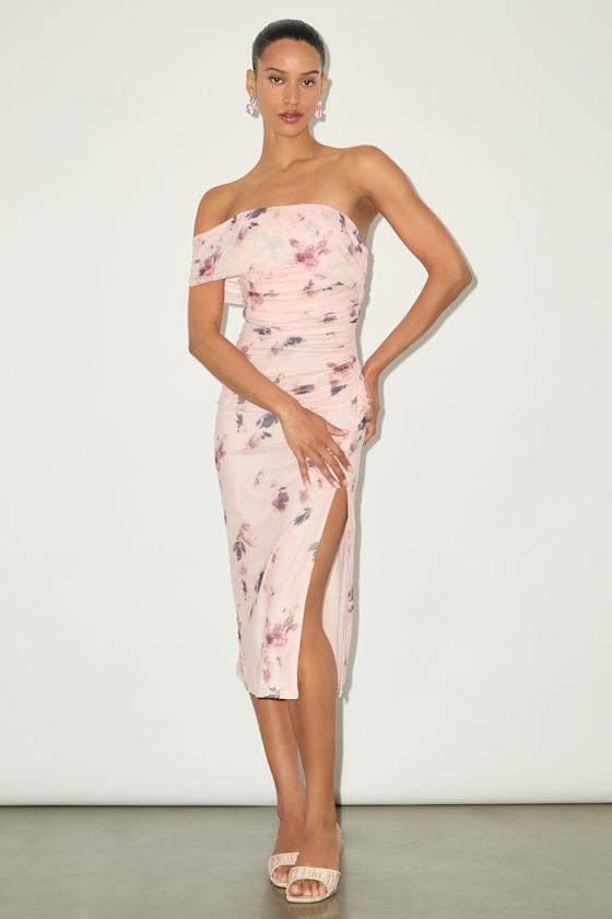 Jayleen Light Pink Floral Mesh One-Shoulder Midi Dress Product Image