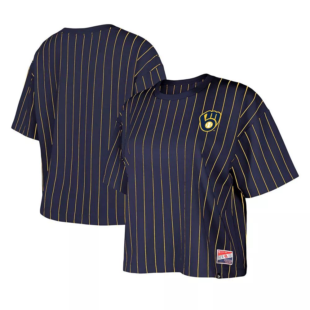 Women's New Era Navy Milwaukee Brewers Boxy Pinstripe T-Shirt, Size: Small, Blue Product Image