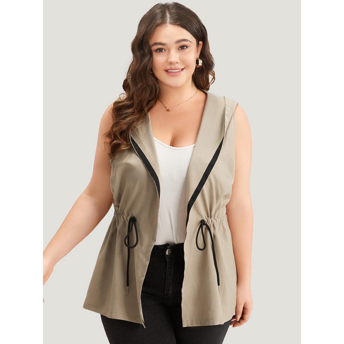 Plus Size Contrast Trim Hooded Elastic Waist Drawstring Sleeveless Jacket Women LightBrown Casual Contrast Ladies Dailywear Winter Coats BloomChic 18-20/2X Product Image
