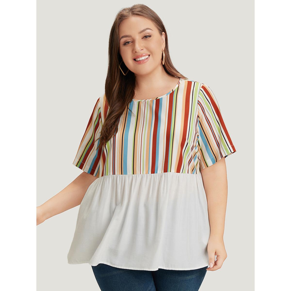 Plus Size Multicolor Rainbow Striped Patchwork Gathered Blouse Women Elegant Short sleeve Round Neck Dailywear Blouses BloomChic 22-24/3X Product Image