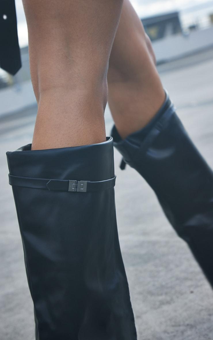Black Matte PU Point Toe Fold Over Knee High Block Heeled Boots Product Image