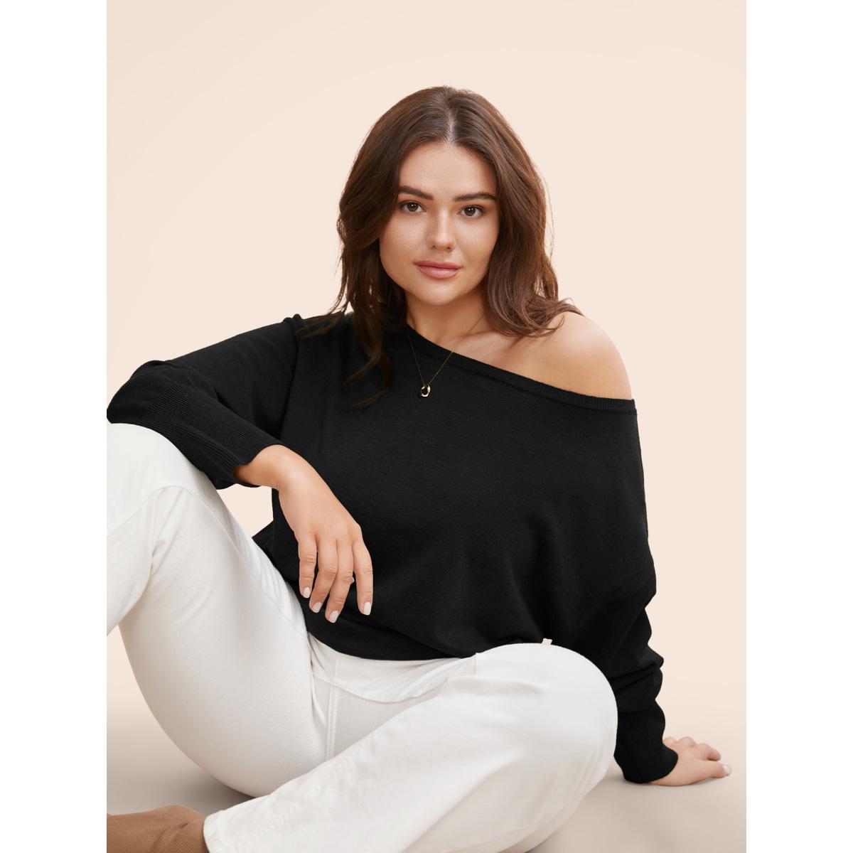 Plus Size Supersoft Essentials Boat Neck Drop Shoulder Pullover Black Women Elegant Long Sleeve Boat Neck Everyday Pullovers BloomChic 22-24/3X Product Image