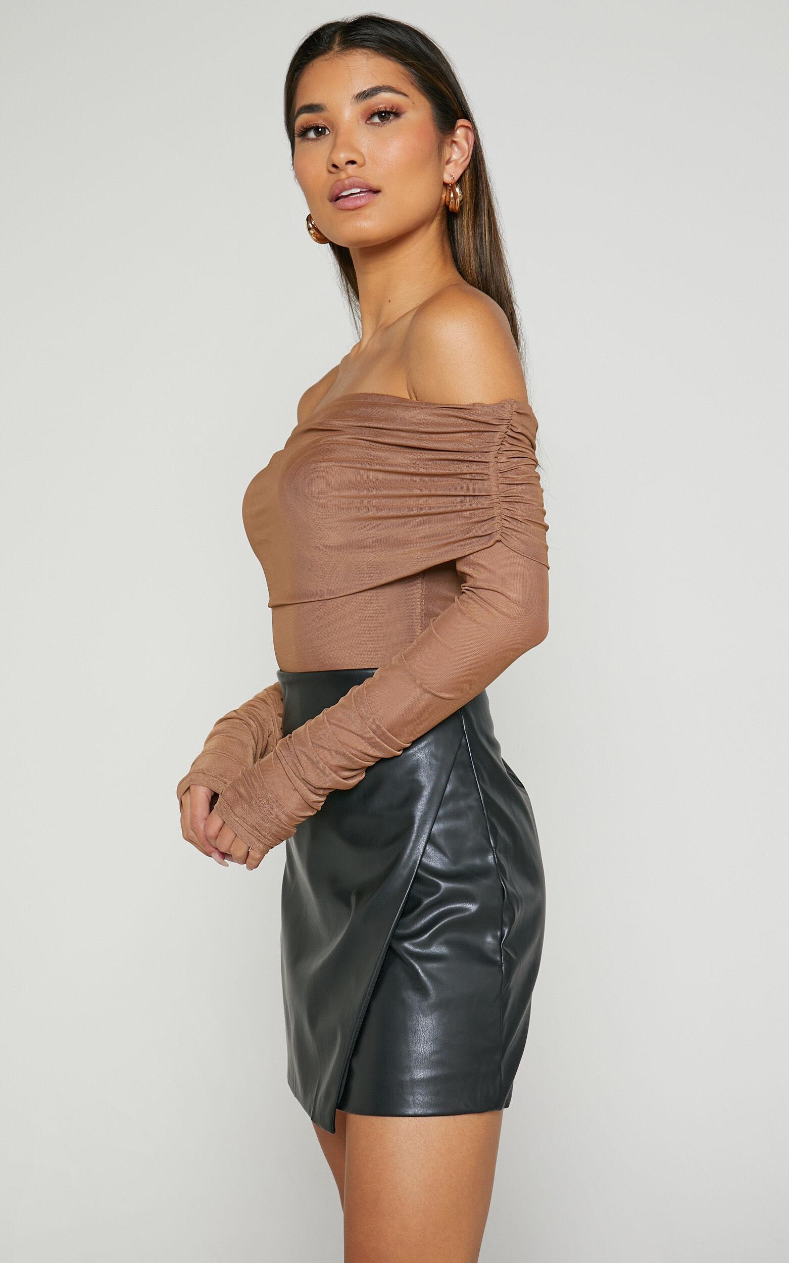 Jaythen Bodysuit - Long Sleeve Off Shoulder Ruched Mesh Bodysuit in Mocha Product Image