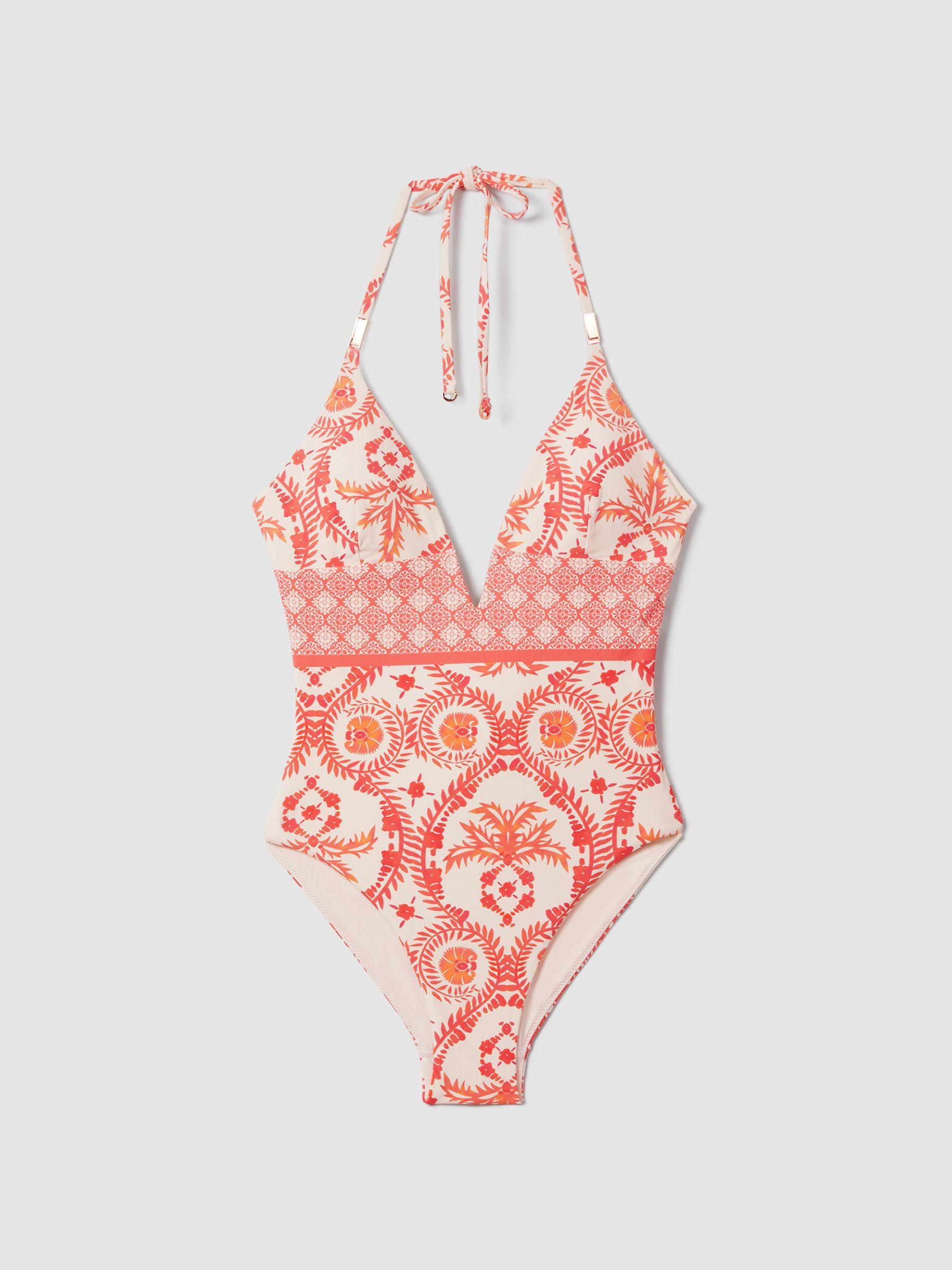 Printed Plunge Neck Swimsuit in Cream/Coral Product Image