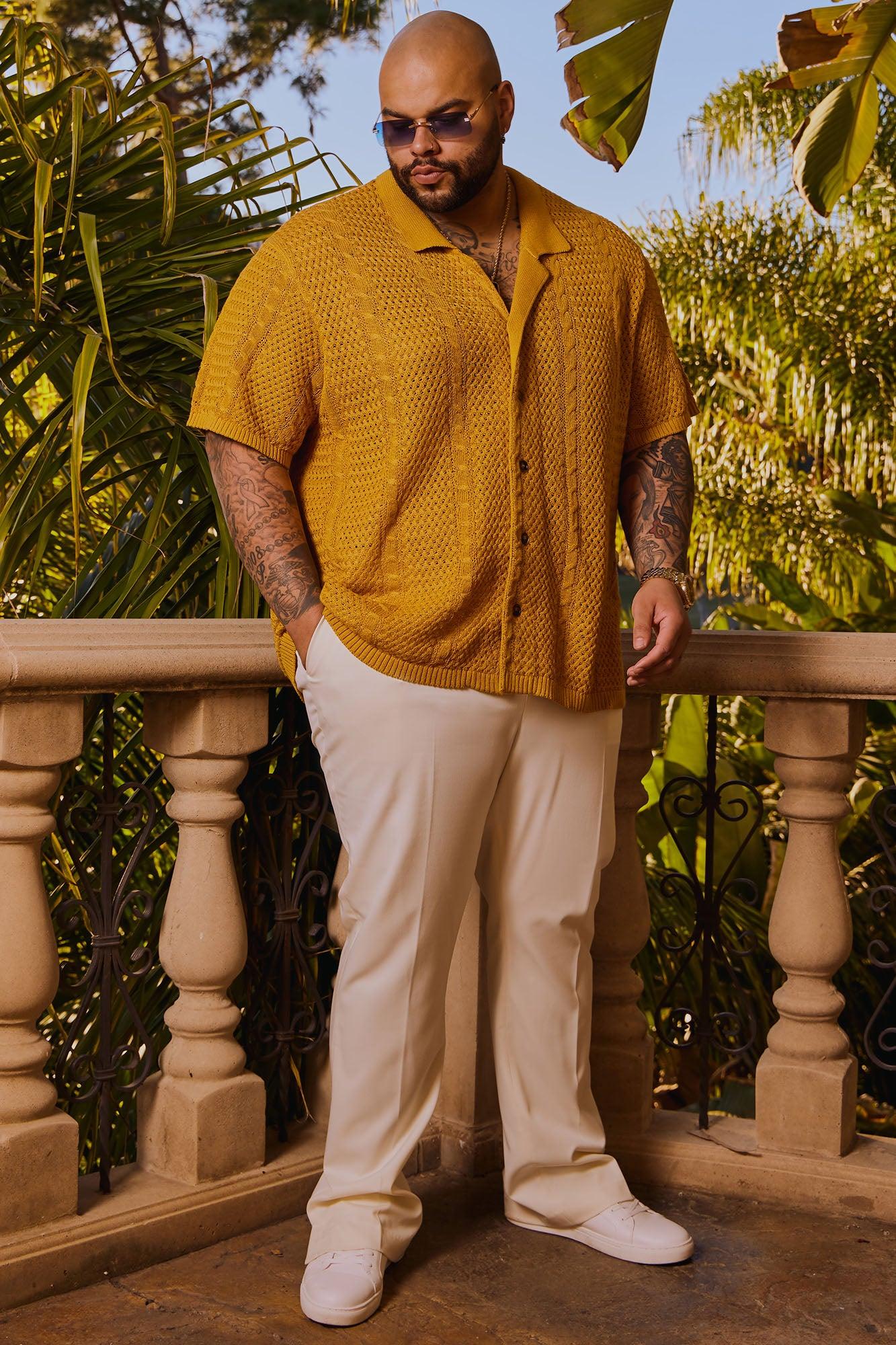 Unwind Cable Knit Short Sleeve Button Up - Mustard Product Image