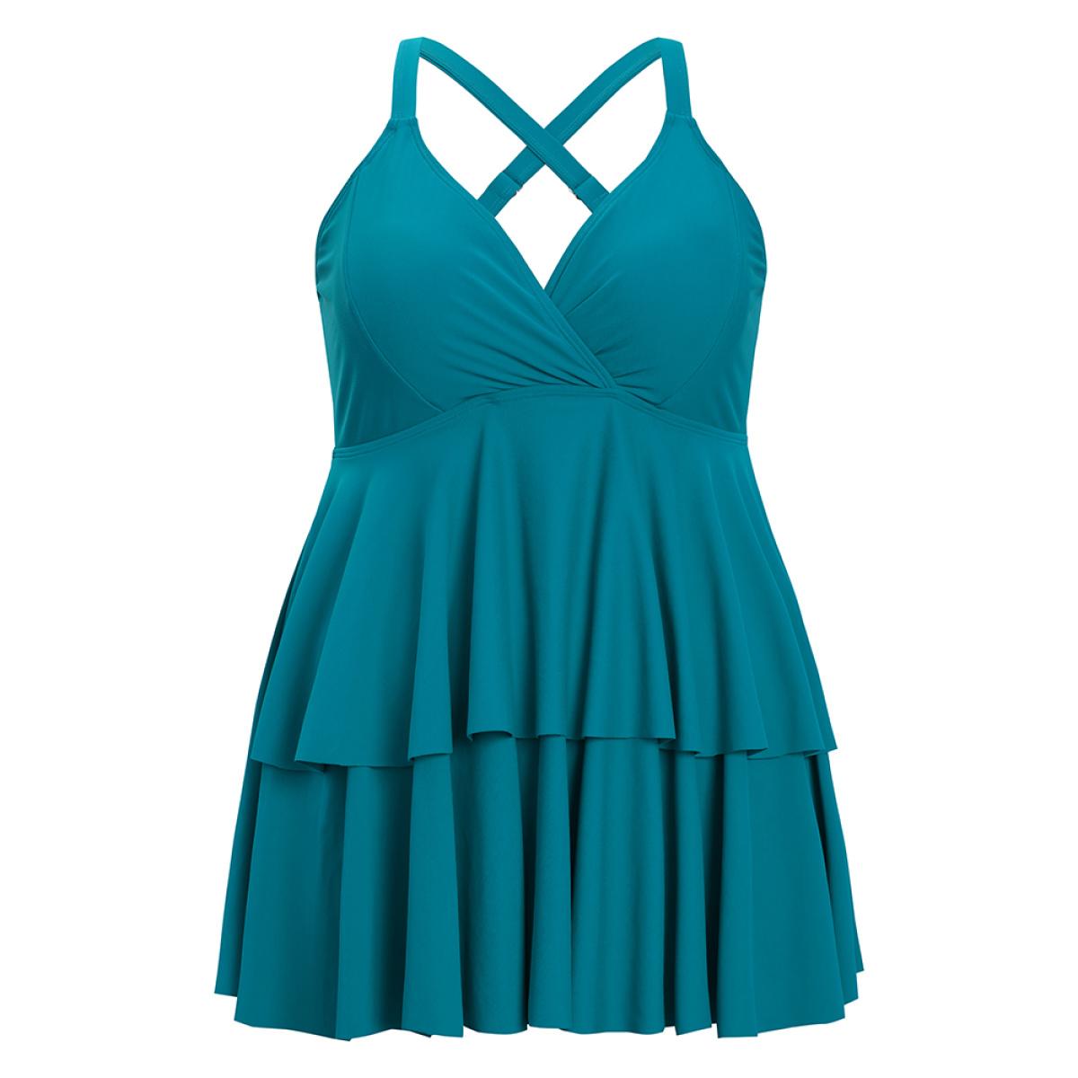 Plus Size Surplice Neck Ruffle Tiered Crossover Adjustable Straps Swim Dress Women's Swimwear Cerulean Vacation Bodycon V-neck High stretch Curve Swim Dresses BloomChic 12/L Product Image