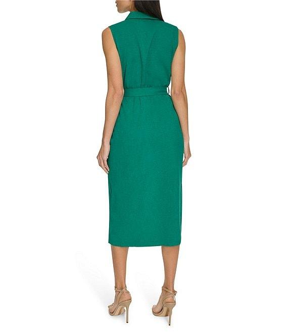 Calvin Klein Collared Neck Sleeveless Belted Crosshatch Crepe Sheath Midi Dress Product Image