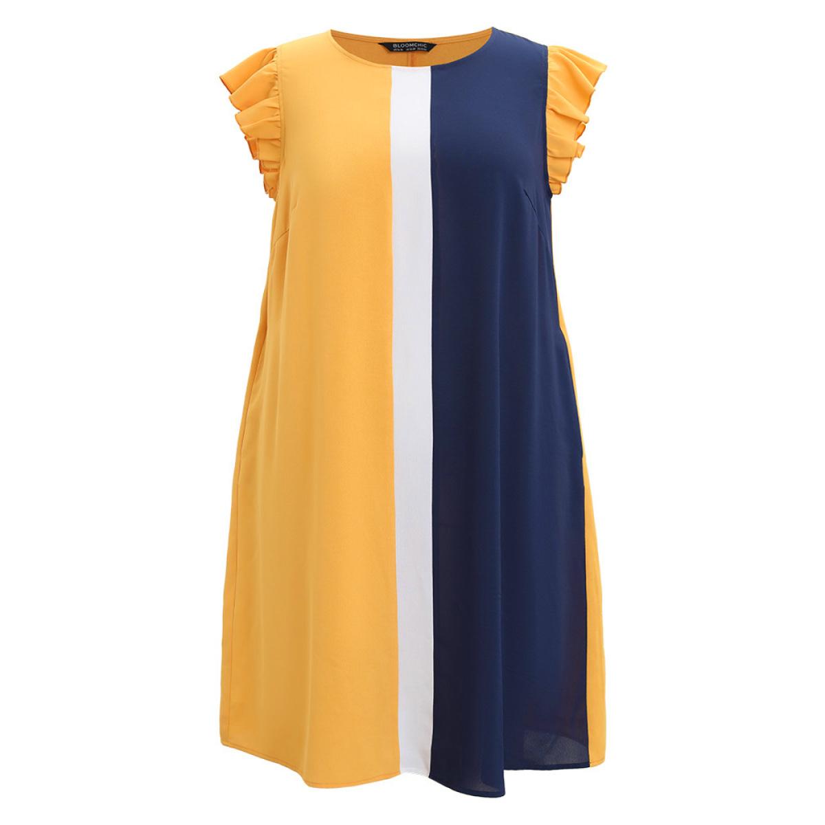 Plus Size Contrast Patchwork Pocket Ruffle Cap Sleeve Dress Multicolor Women Office Contrast Round Neck Cap Sleeve Curvy Knee Dress BloomChic 30/6X Product Image