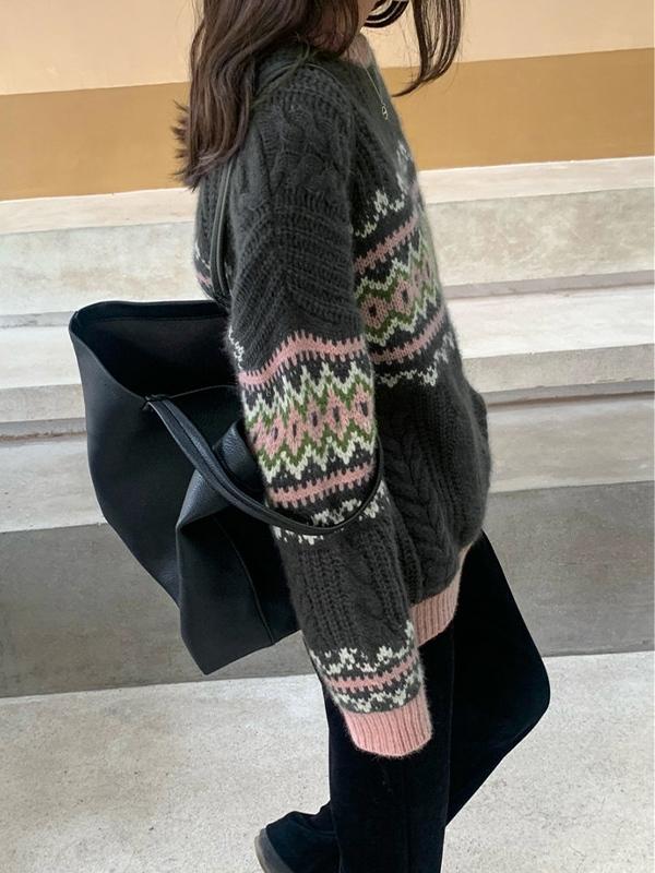 Vintage Jacquard Cable Knit Pullover Sweater Product Image