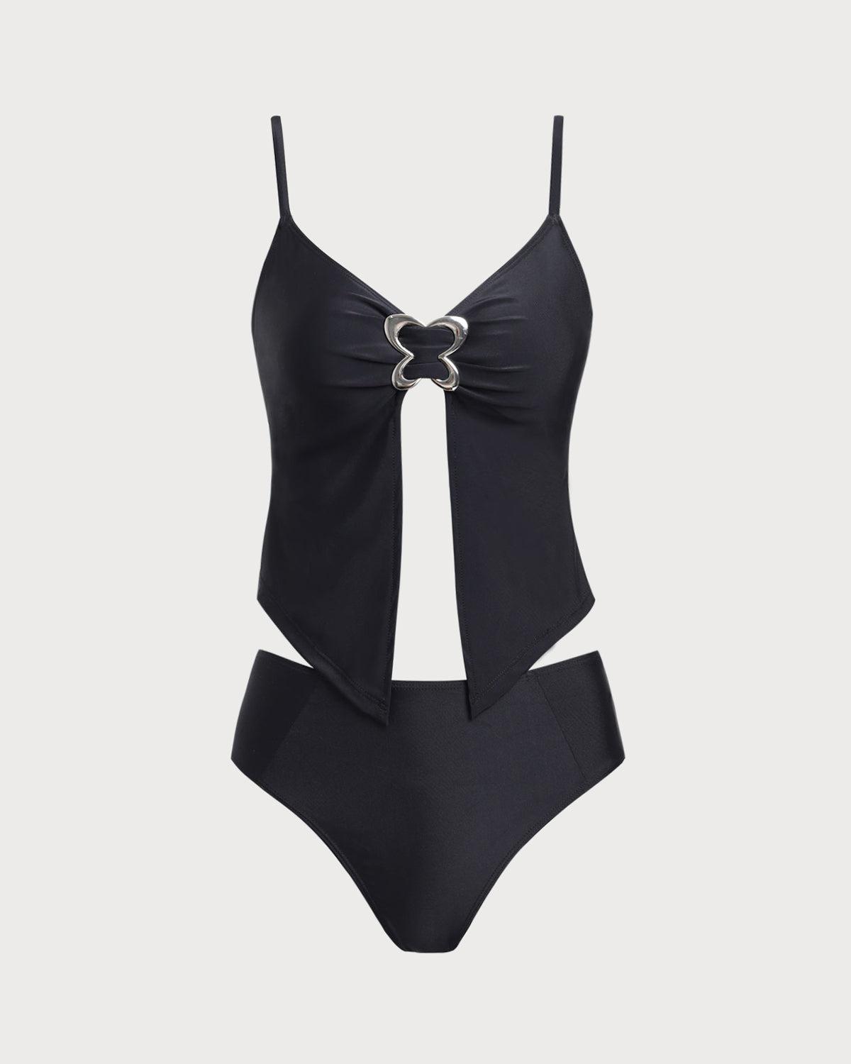 Black V Neck O-Ring Tankini Swimsuit Product Image
