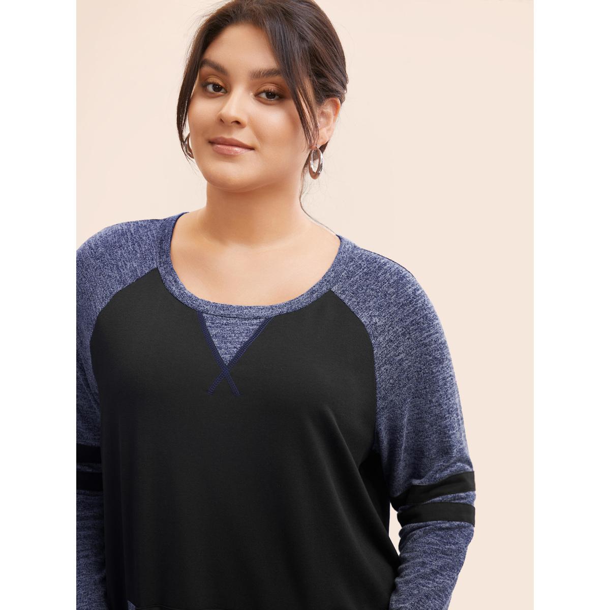 Plus Size Striped Contrast Pocket Raglan Sleeve High Low Hem Sweatshirt Women Emerald Casual Contrast Round Neck Everyday Sweatshirts BloomChic 30/6X Product Image