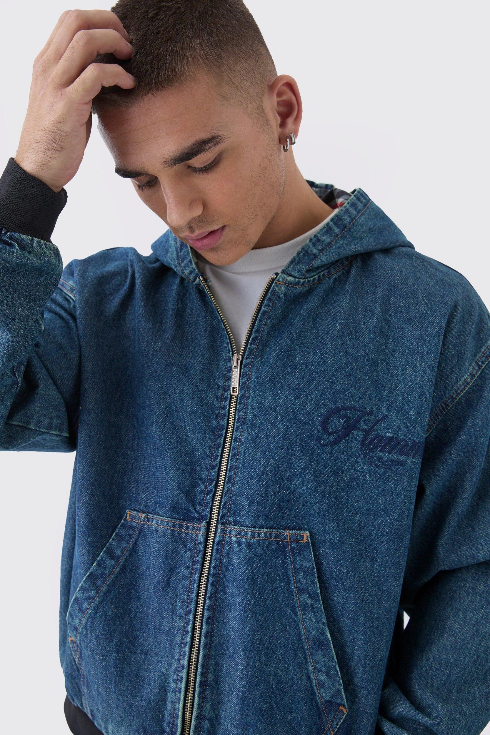 Boxy Denim Embroidered Hoodie | boohooMAN USA Product Image