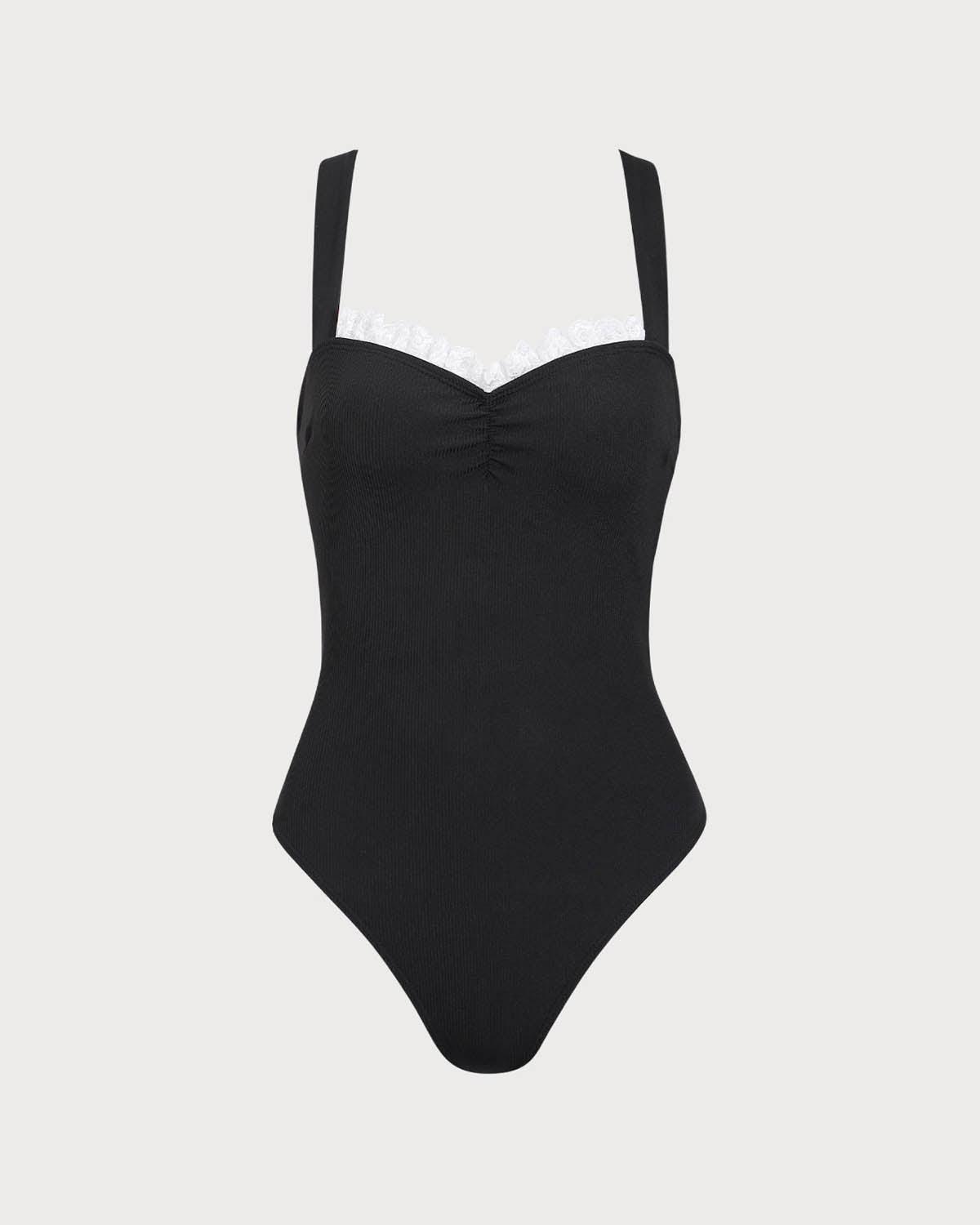 Black Lace  Contrast One-Piece Swimsuit Product Image