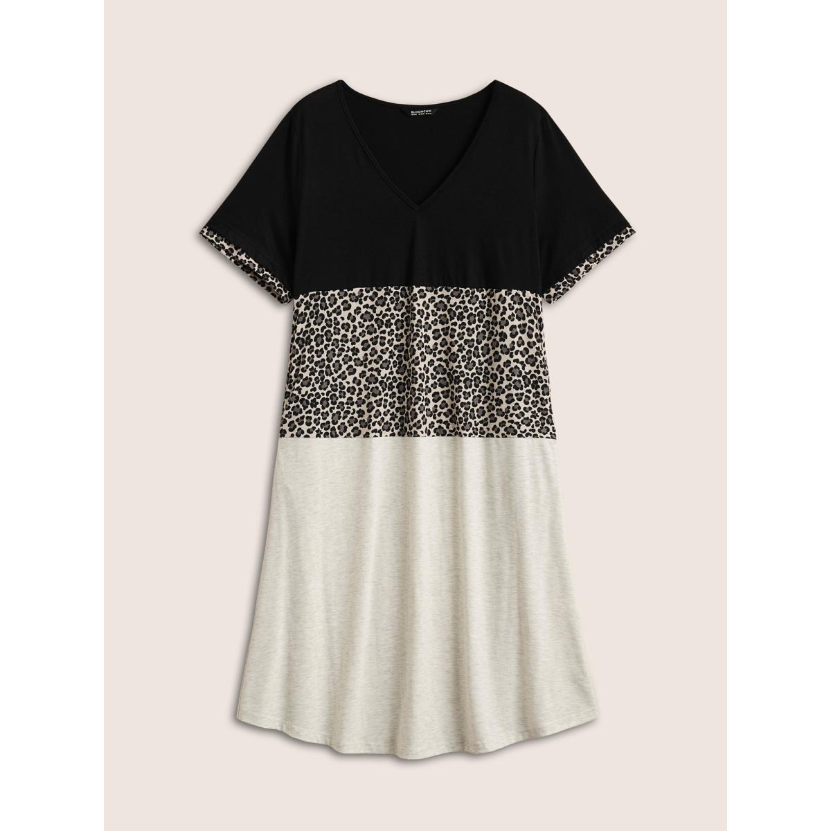 Plus Size Leopard Colorblock Contrast Patchwork Pocket Dress Black Women Casual Non V-neck Short sleeve Curvy Midi Dress BloomChic 22-24/3X Product Image