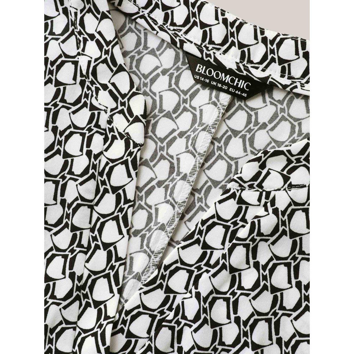 Plus Size Black Geometric Print Notched Collar Blouse Women Short sleeve Notched collar Work Blouses BloomChic 22-24/3X Product Image