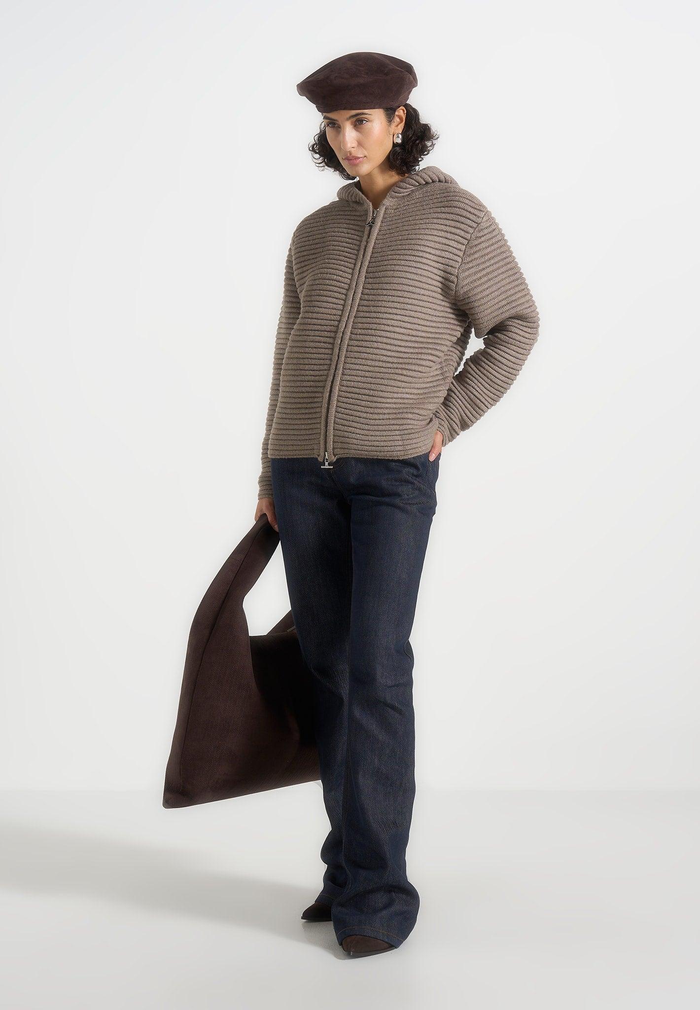 Eden - Unisex Ribbed Knit Zip Up Hoodie - Taupe Unisex Product Image