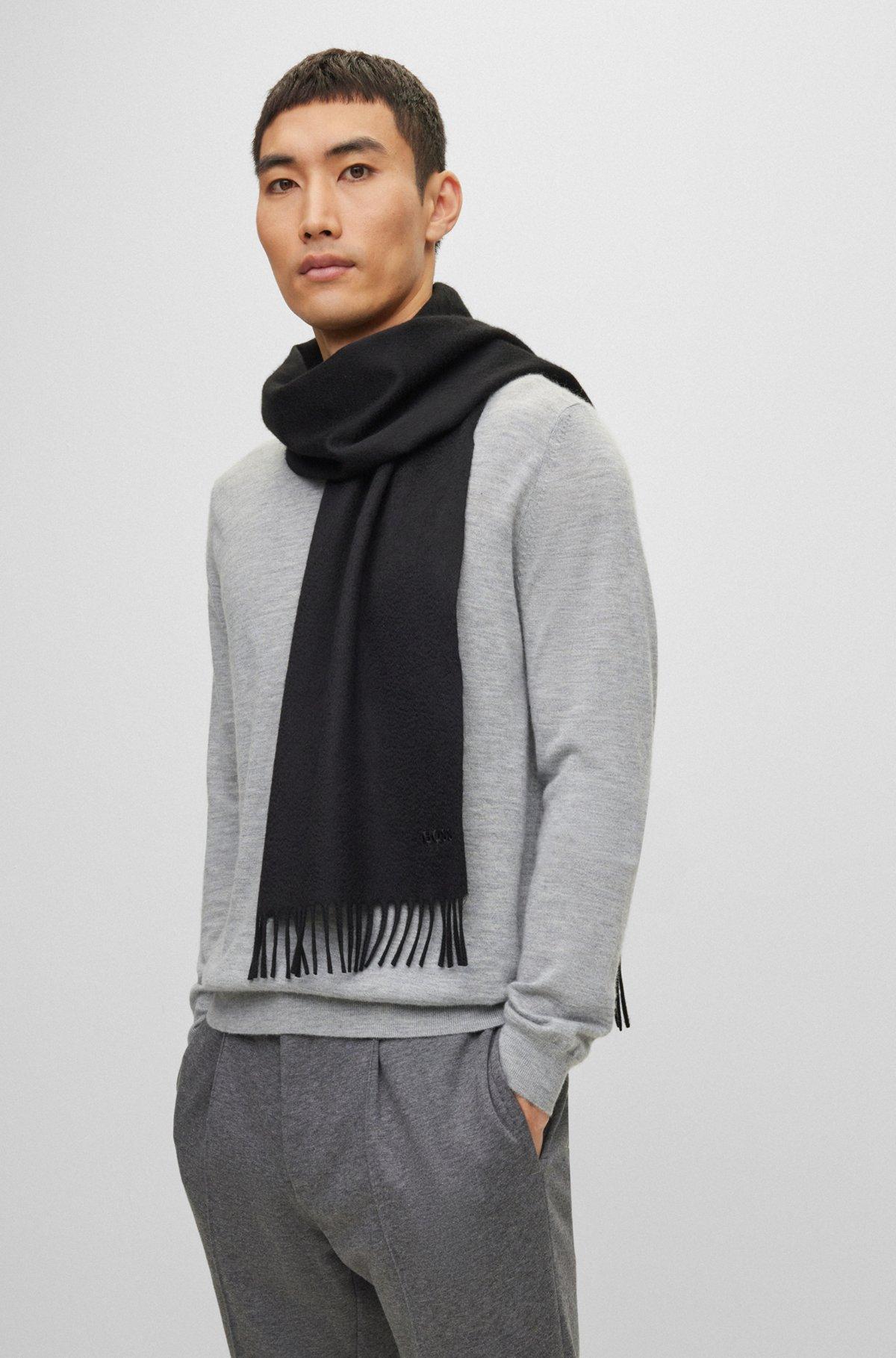 Fringed scarf in pure Italian cashmere with embroidered logo Product Image