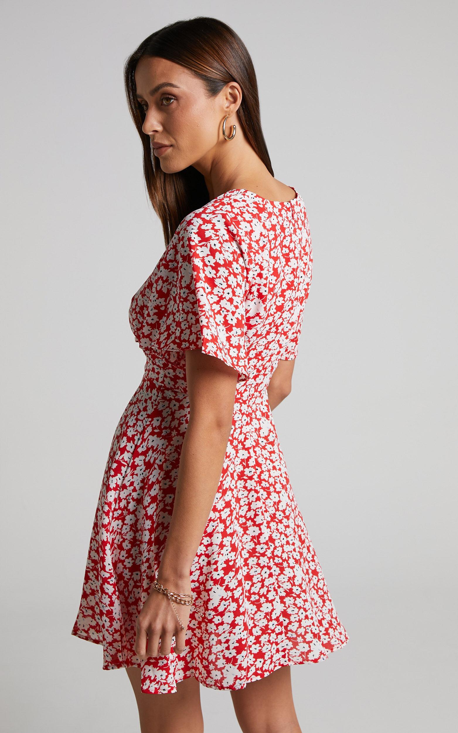 Rosario Mini Dress - Flutter Sleeve V Neck Dress in Red Ditsy Floral Product Image