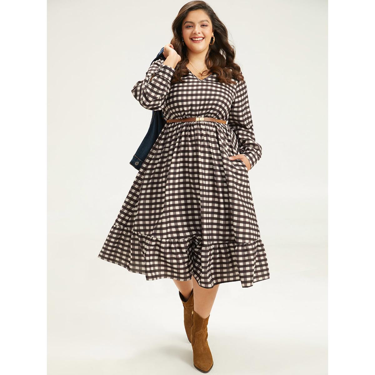 Plus Size Gingham Pocket Elastic Waist Ruffle Hem Dress DarkBrown Women Casual Printed V-neck Long Sleeve Curvy Midi Dress BloomChic 18-20/2X Product Image