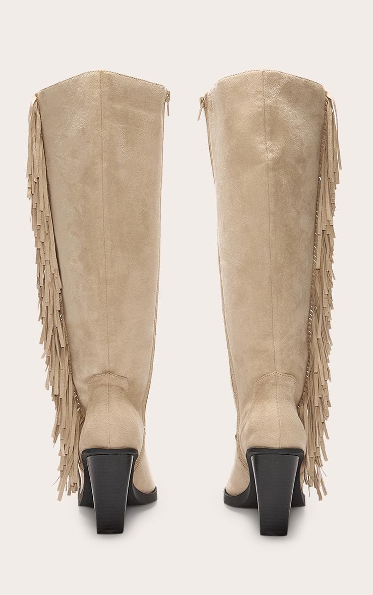 Cream Faux Suede Point Toe Fringed High Block Heel Knee Boots Product Image