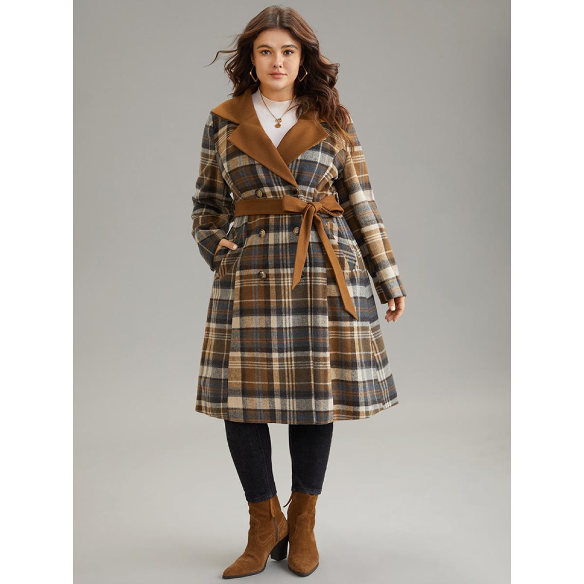 Plus Size Plaid Belted Contrast Lapel Collar Trench Coat Women Bronze Elegant Lined Ladies Dailywear Winter Coats BloomChic 14-16/1X Product Image