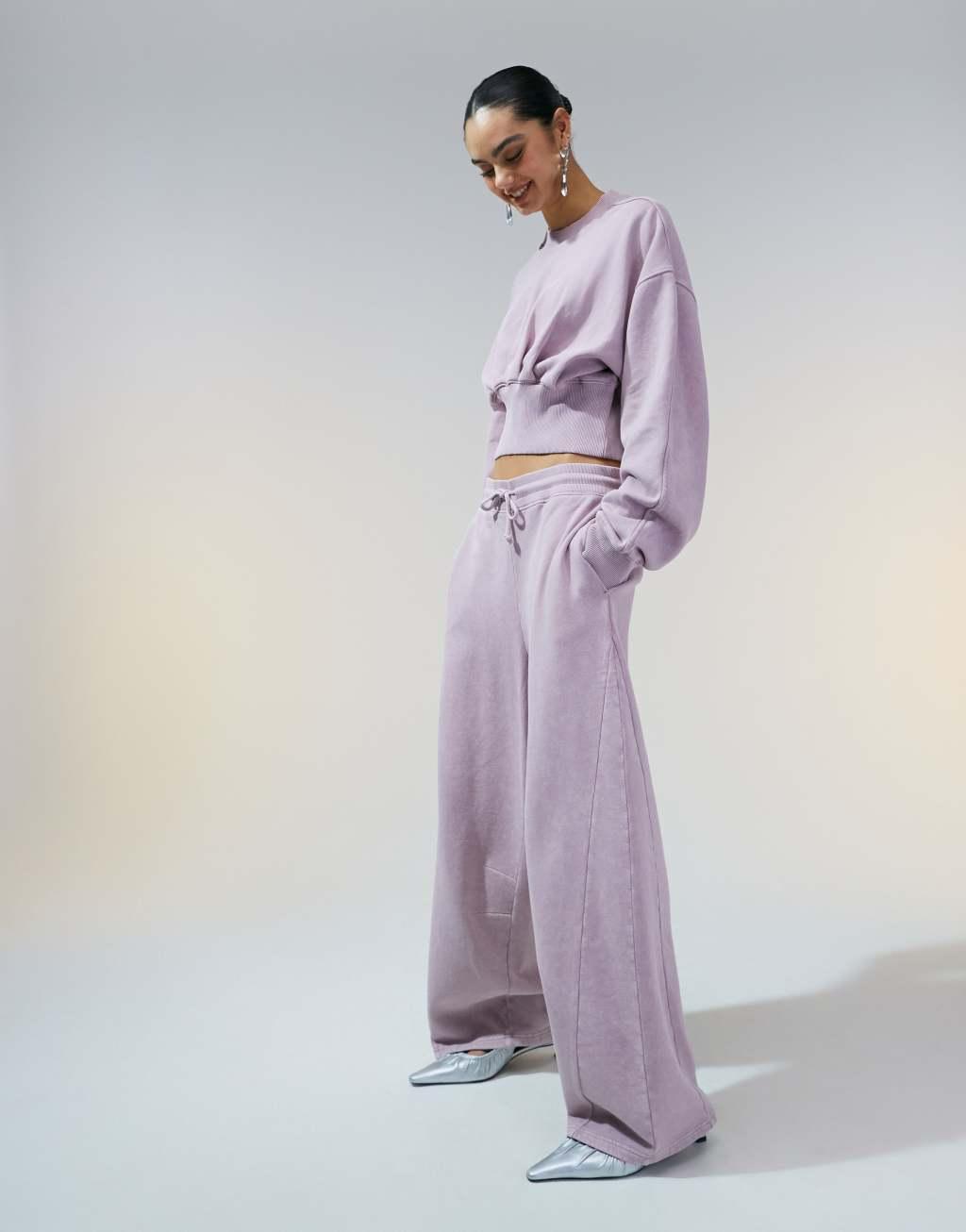 ASOS DESIGN oversized barrel leg sweatpants with seam detail in washed mauve - part of a set Product Image