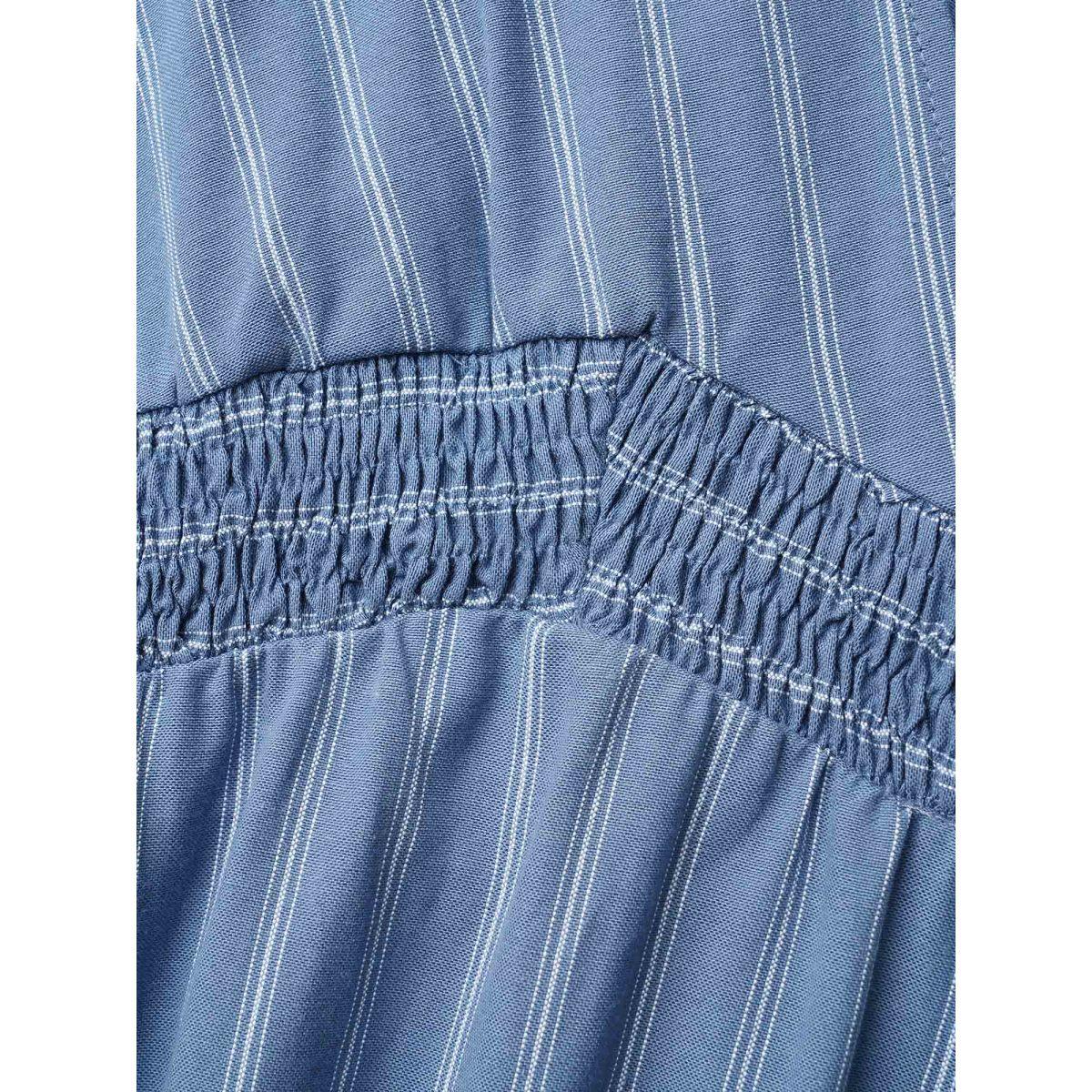 Plus Size Striped Surplice Neckline Shirred Midi Dress Stone Women Casual Shirred Overlap Collar Short sleeve Curvy BloomChic 28/5X Product Image