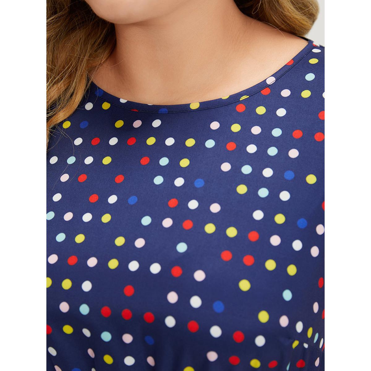 Plus Size Polka Dot Ruffle Hem Round Neck Pocket Tank Dress DarkBlue Women Elegant Elastic Waist Round Neck Sleeveless Curvy Midi Dress BloomChic 12/L Product Image