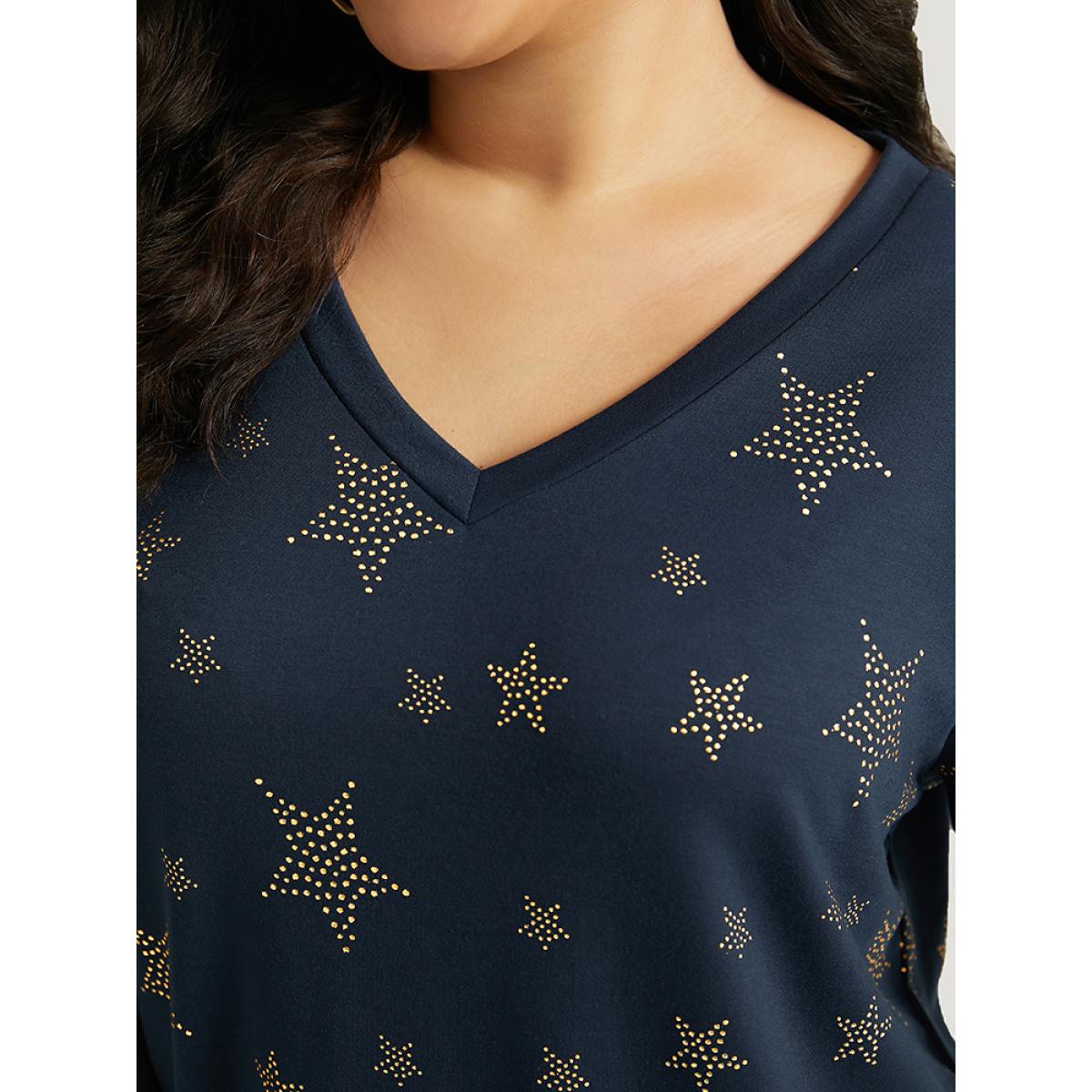 Plus Size Star Glitter Print V Neck Elastic Cuffs Sweatshirt Women Indigo Casual Elastic cuffs V-neck Dailywear Sweatshirts BloomChic 12/L Product Image